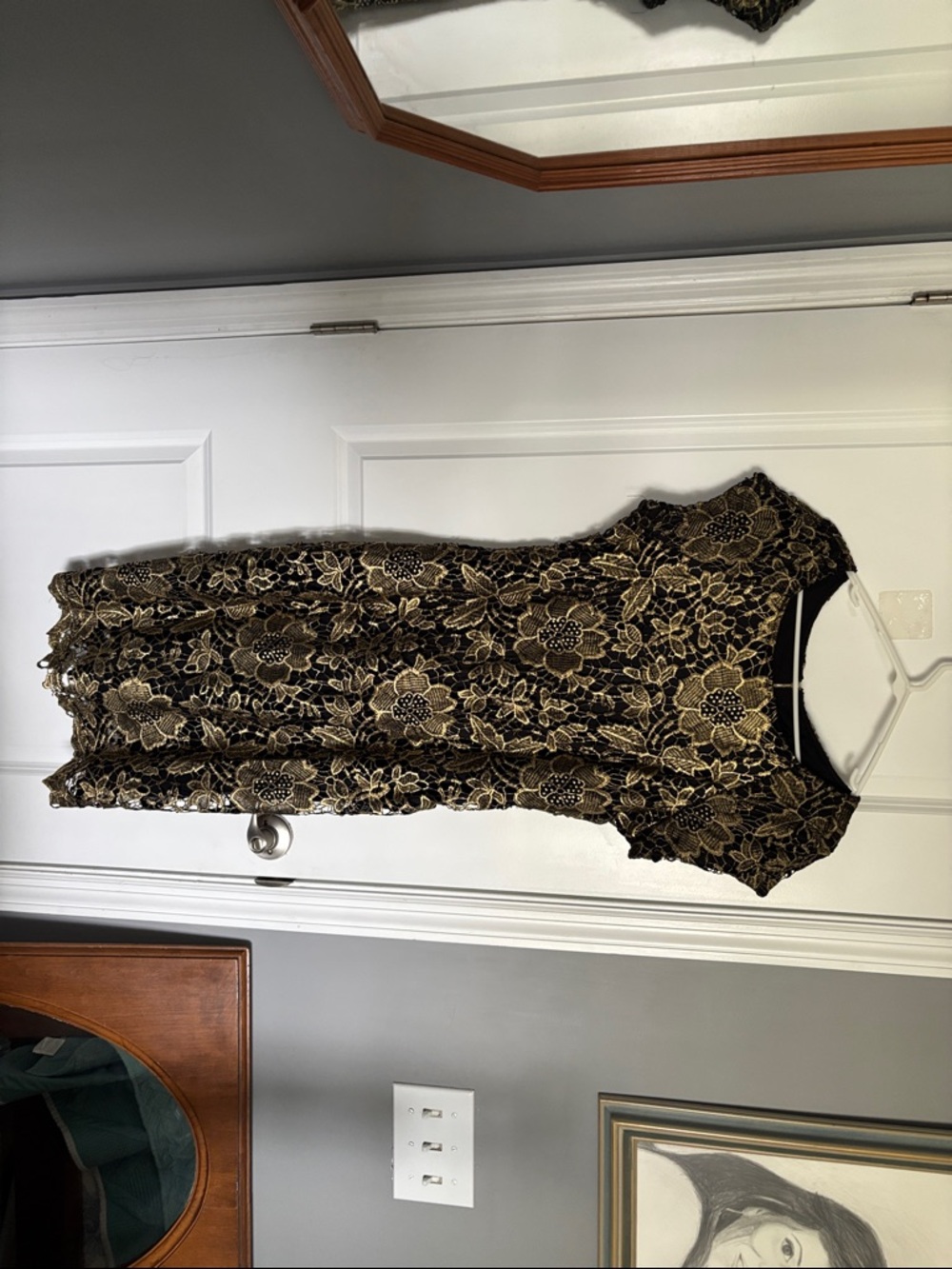 Black & Gold Floral Lace Evening Dress